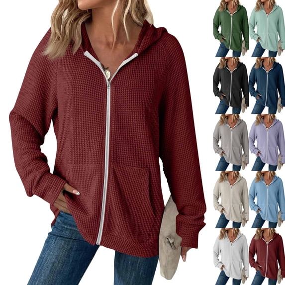 Women's Full Zip Up Hoodies Waffle Knit Long Sleeve Sweatshirt Tops | Essentials Hoodie, Fall Fashion Clothes 2026, Oversized Hooded Tops, Jacket Coat for Women Wine XXL