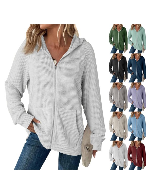 Women's Full Zip Up Hoodies Waffle Knit Long Sleeve Sweatshirt Tops | Essentials Hoodie, Fall Fashion Clothes 2026, Oversized Hooded Tops, Jacket Coat for Women Light Gray XXL