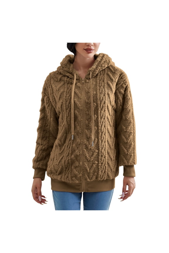 Women's Full Zip Hoodies Winter Warm Plush Coats Teddy Fleece Hooded Jacket