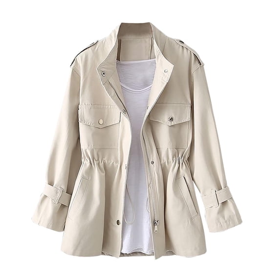 Women's Full Zip Jacket Casual Long Sleeve Solid Color Trench Coat Fashion Fall Tunic Outerwear with Pockets