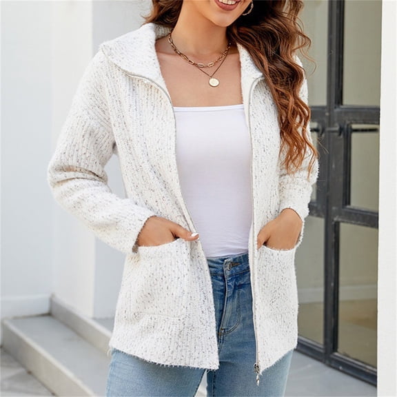 Women's Full Zip Knit Cardigan, Lapel Collar Long Sleeve Sweater with Front Pockets, Casual Open Front Jacket Style Cardigan for Women, Everyday Wear Knit Top White S