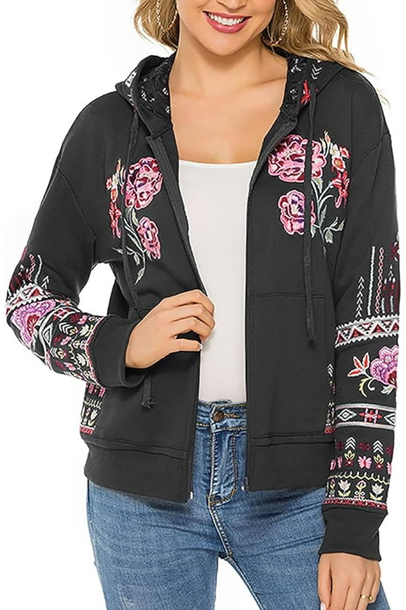 Women's Full Zip Long Sleeve Embroidered Sweatshirt Floral Boho Embroidered Mexican Hoodie Fall Winter Coat Tops Jackets