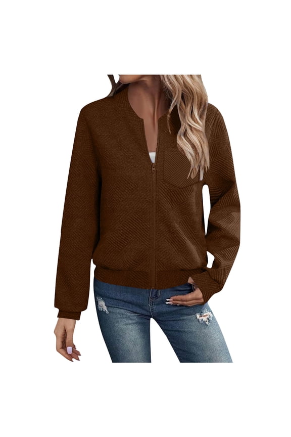 Women's Full-Zip Ribbed Knit Jacket Long Sleeve Cardigan Casual Solid Color Crew Neck Top Jacket with Pocket