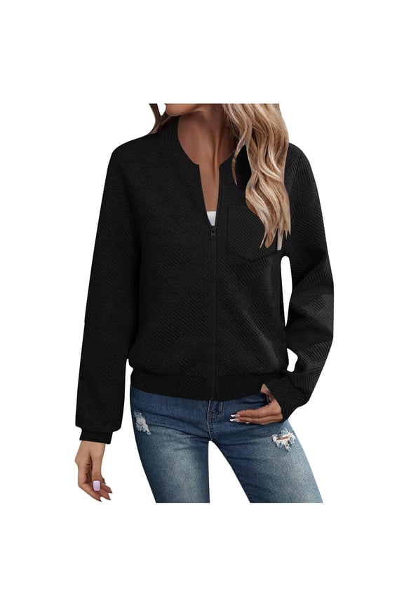 Women's Full-Zip Ribbed Knit Jacket Long Sleeve Cardigan Casual Solid Color Crew Neck Top Jacket with Pocket