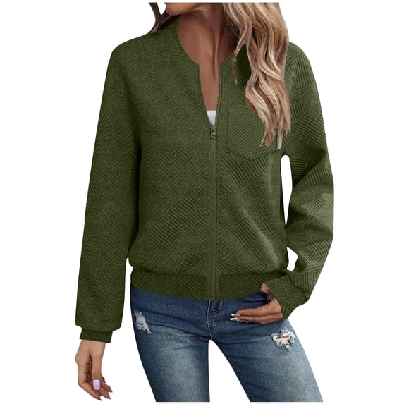 Women's Full-Zip Ribbed Knit Jacket Long Sleeve Cardigan Casual Solid Color Crew Neck Top Jacket with Pocket
