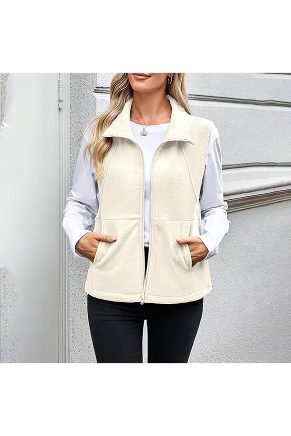 Women's Full Zip Sherpa Vest, Sleeveless Fleece Vest, Lapel Collar Winter Gilet, Warm Thermal Vest, Pockets Fleece Jacket, Cozy Casual Outerwear, Plush Fleece-Lined Vest Beige S