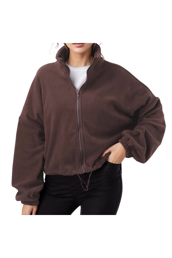 Women's Full Zip Short Jacket Warm Winter Long Sleeve Stand Collar Coat