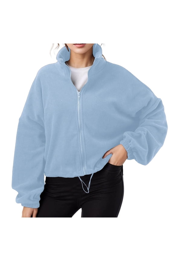 Women's Full Zip Short Jacket Warm Winter Long Sleeve Stand Collar Coat