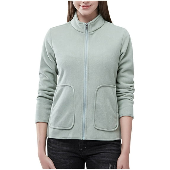 Women's Full Zip Soft Fleece Jacket Outdoor Casual Coat with Pockets Long-Sleeve Fall Winter Warm Outerwear Full Zip up Cropped Sweatshirts S-184 Mint Green XXL