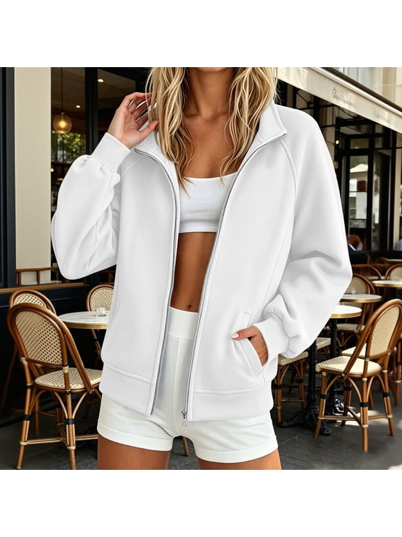 Women's Full Zip Stand Collar Sweatshirt Jacket Raglan Long Sleeve Pockets Elastic Cuff & Hem Loose Fit Casual Layering Outerwear White XL