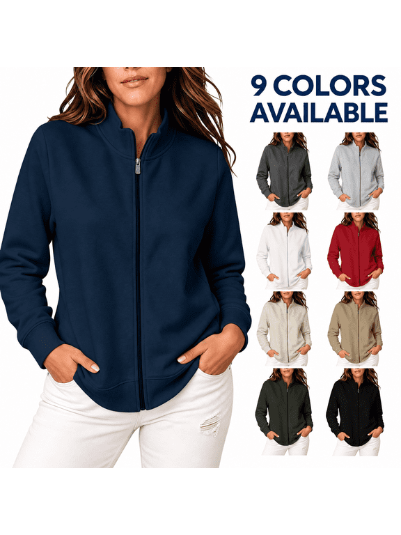Women's Full Zip Sweatshirt Jacket, Stand Collar Long Sleeve Front Zipper Jackets No Hood with Side Pockets, Solid Casual Layering Fall Outerwear, L