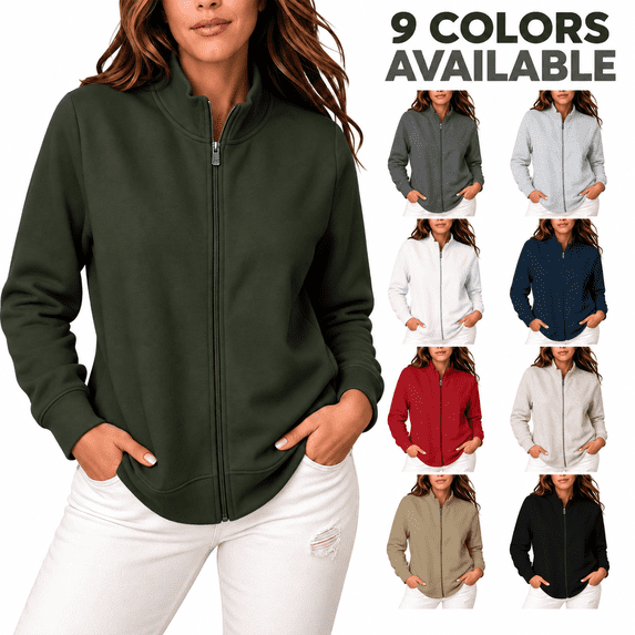 Women's Full Zip Sweatshirt Jacket, Stand Collar Long Sleeve Front Zipper Jackets No Hood with Side Pockets, Solid Casual Layering Fall Outerwear, M