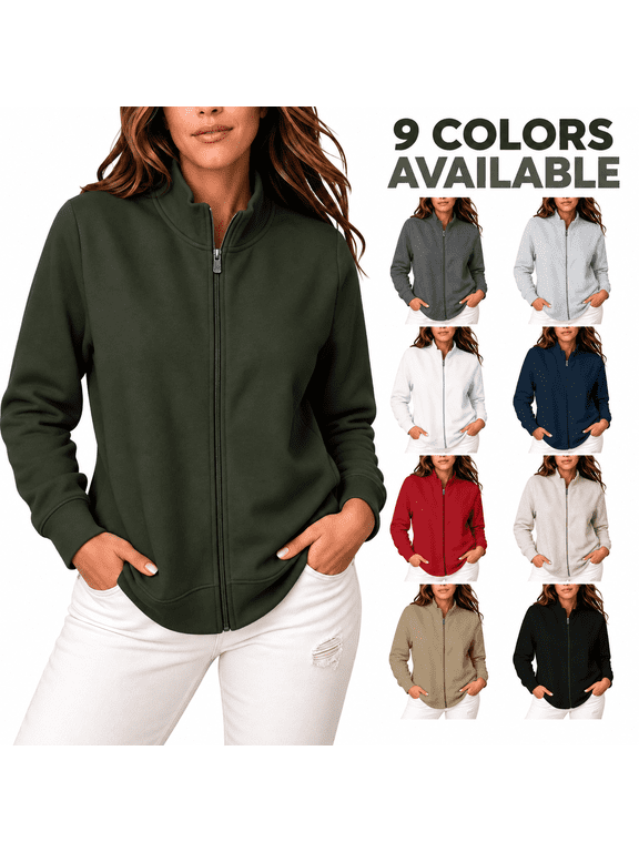Women's Full Zip Sweatshirt Jacket, Stand Collar Long Sleeve Front Zipper Jackets No Hood with Side Pockets, Solid Casual Layering Fall Outerwear, M