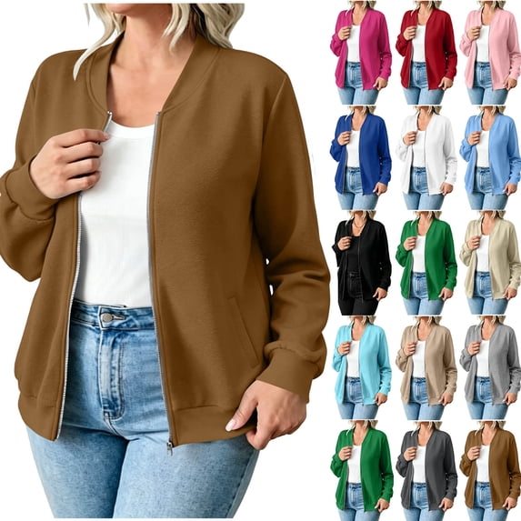 Women's Fleece Full Zip Sweatshirt Jackest - Long Sleeve Zipper No Hood Coat Outerwear - Fall Fashion Versatile Jackets with Pockets