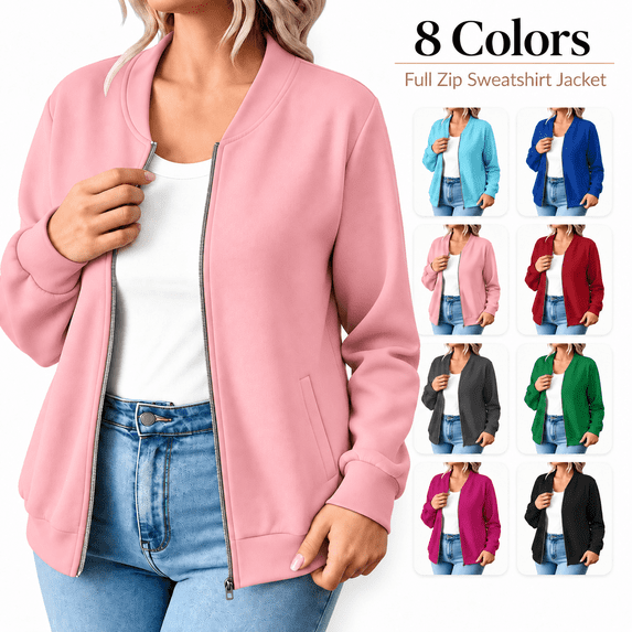 Women's Fleece Full Zip Sweatshirt Jackets - Long Sleeve Zipper No Hood Coat Outerwear - Fall Fashion Versatile Jackets with Pockets
