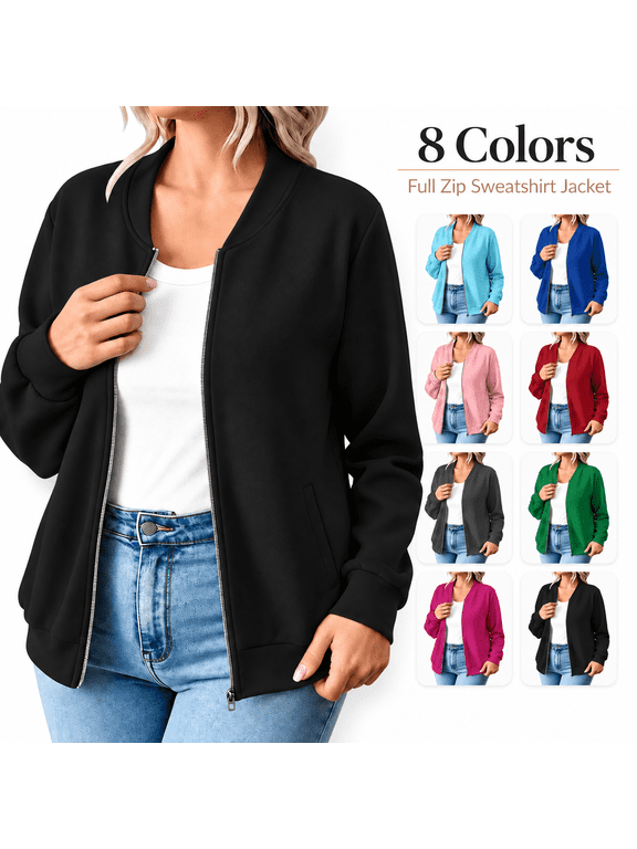 Women's Fleece Zip up Sweatshirt Jackets No Hood, Casual Long Sleeve Coat Outerwear with Pockets, Fall Comfy Versatile Jackets Daily Wear