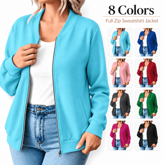 Women's Fleece Zip up Sweatshirt Jackets No Hood, Casual Long Sleeve Coat Outerwear with Pockets, Fall Comfy Versatile Jackets Daily Wear