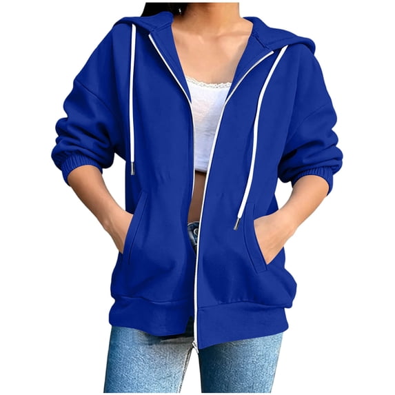 Women's Full Zip Up Hoodie 3/4 Sleeve Casual Hooded Sweatshirt with Pockets Drawstring Blue XL(XL)