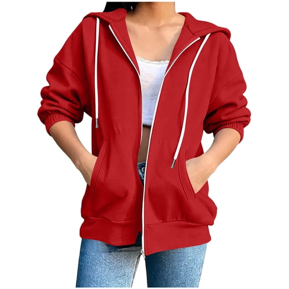 Women's Full Zip Up Hoodie 3/4 Sleeve Casual Hooded Sweatshirt with Pockets Drawstring Red S(S)