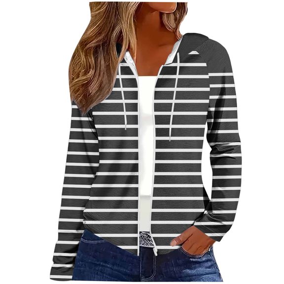 Women's Full Zip Up Hoodie Cardigans Striped Print Casual Fashion Outerwear Hooded Sweatshirt Fall Spring Coats (XL, Black)