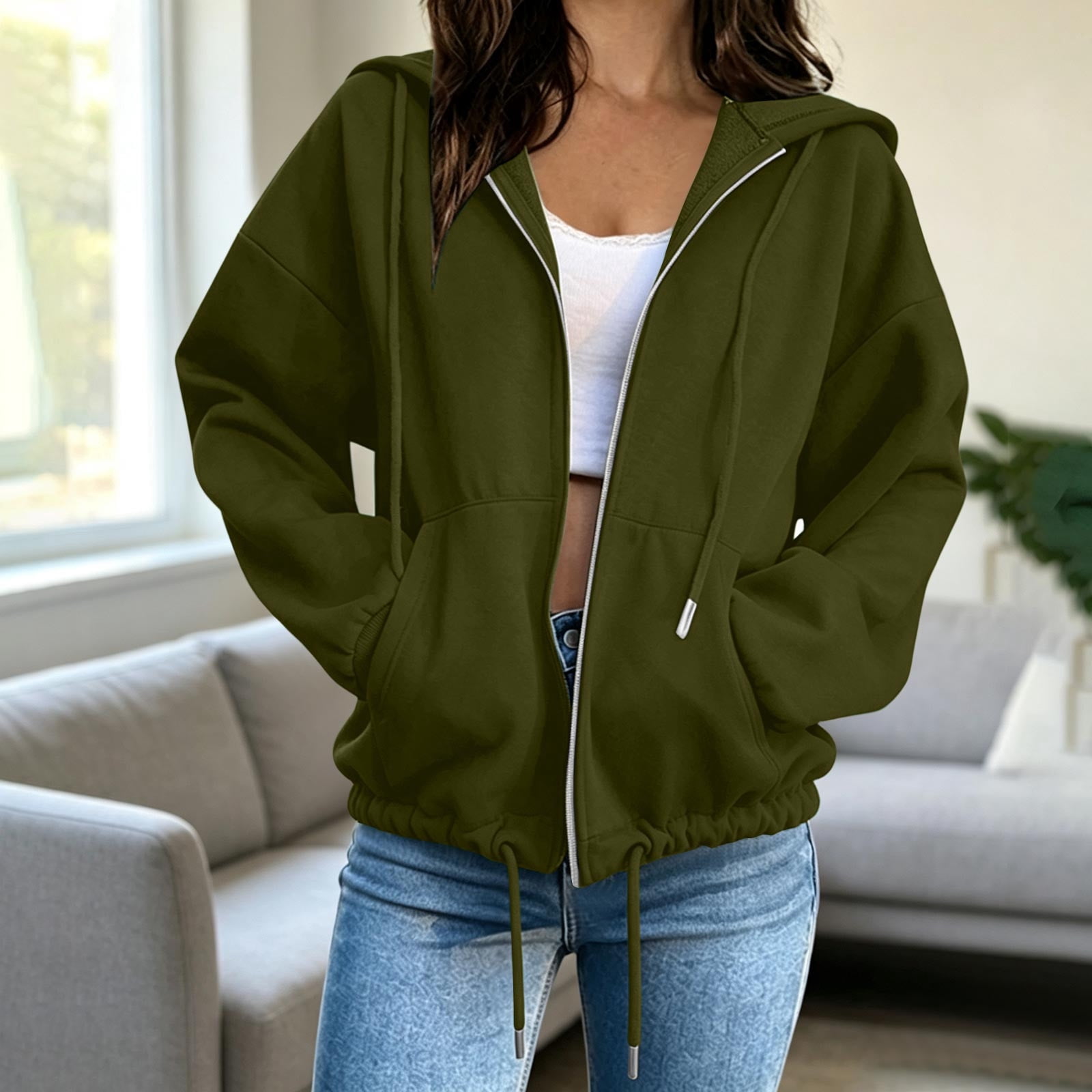 4713 Postcode Women's Full Zip Up Hoodie Jacket Drawstring Cinch Hem Outerwear Loose ...