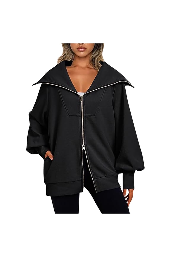 Women's Full Zip Up Hoodie Long Lantern Sleeve Jacket Fall V Neck Pullover Fall Comfy Sweatshirt with Pockets (M, Black)
