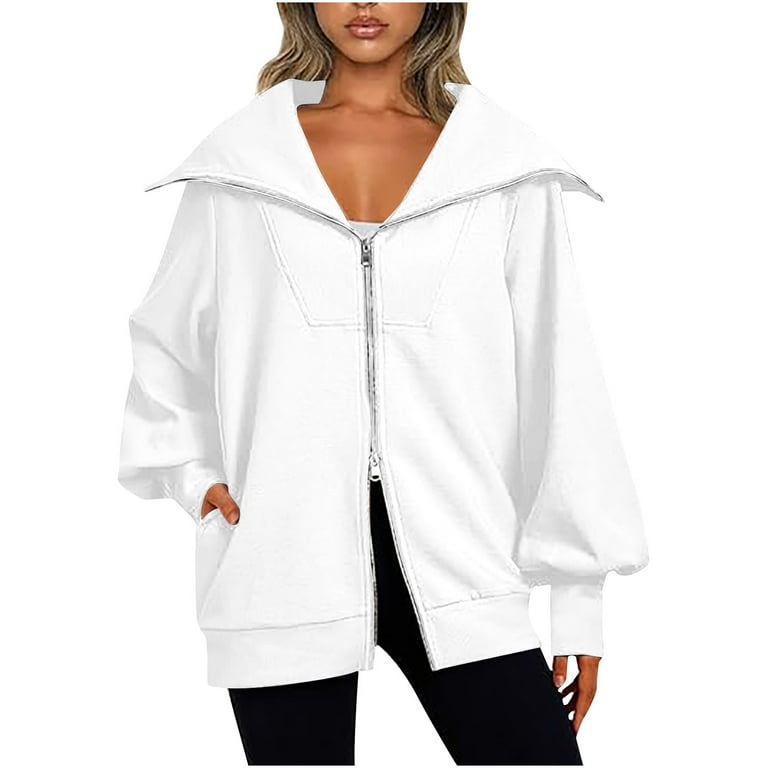 Women s Full Zip Up Hoodie Long Lantern Sleeve Jacket Fall V Neck Pullover Fall Comfy Sweatshirt with Pockets S White