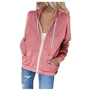 Women's Full Zip Up Hoodie Long Sleeve Hooded Sweatshirts Casual Drawstring Jacket with Pockets Solid Color