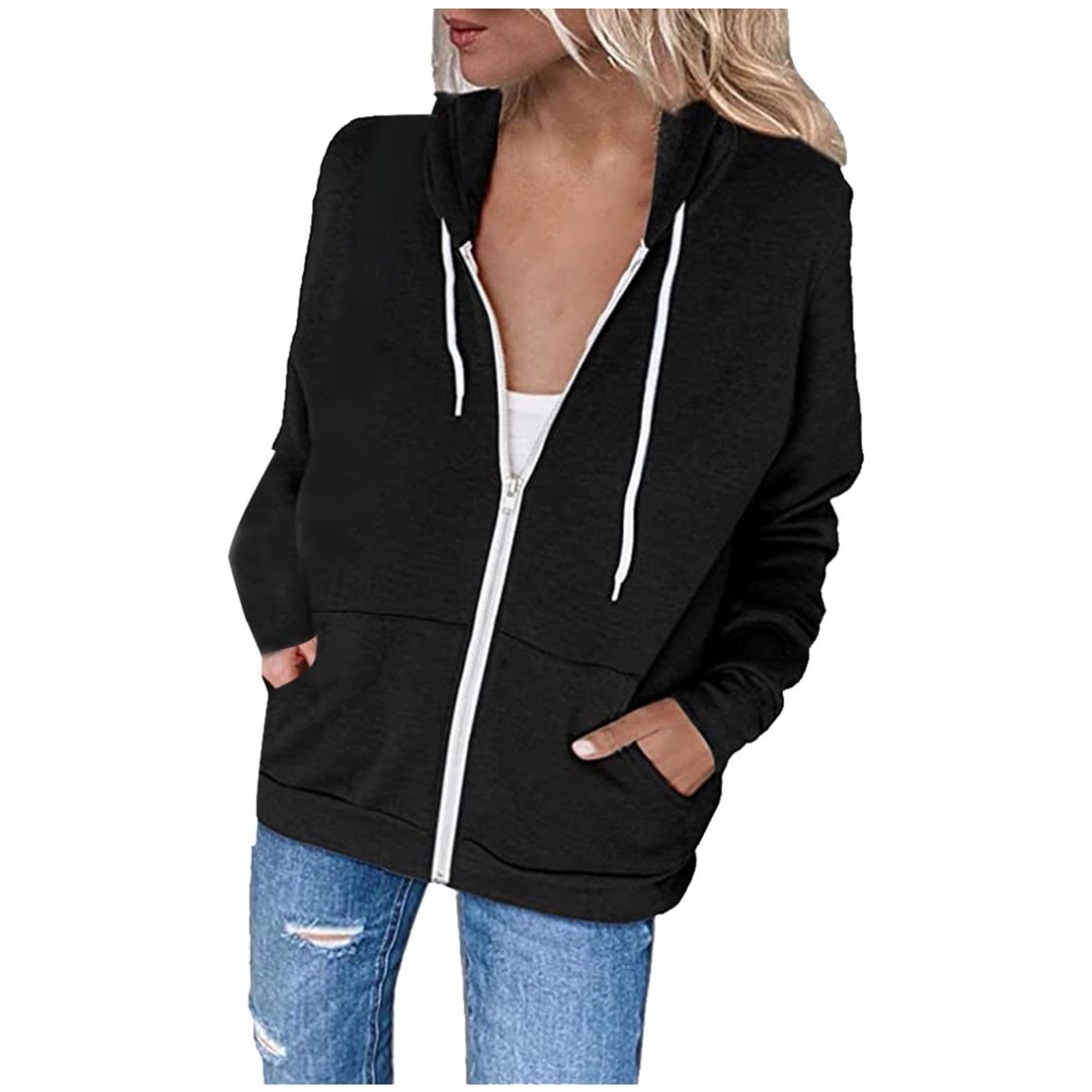 Moxiu Women Casual Sweatshirts Hooded Fall Savings Comfy Loose Long Sleeve  Sweatshirt Solid Color Drawstring Jacket with Pockets 
