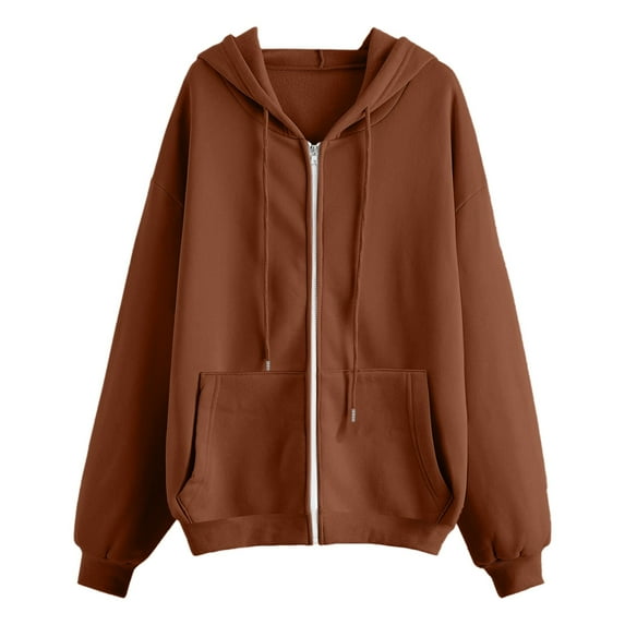 Women's Full Zip Up Hoodie Long Sleeve Hooded Sweatshirts Pockets Jacket Coat for Women Coffee L
