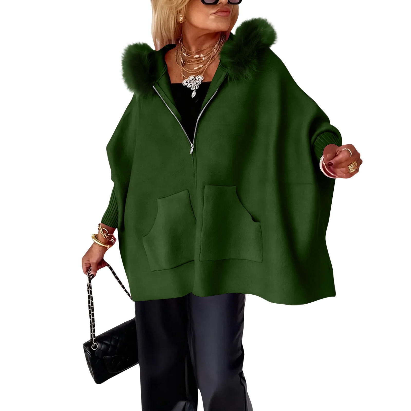 Women's Full Zip Up Hoodie Long Sleeve with Faux Fur Hooded Sweatshirts Front Pockets Jacket Loose Fit Coat for Women Army Green XL