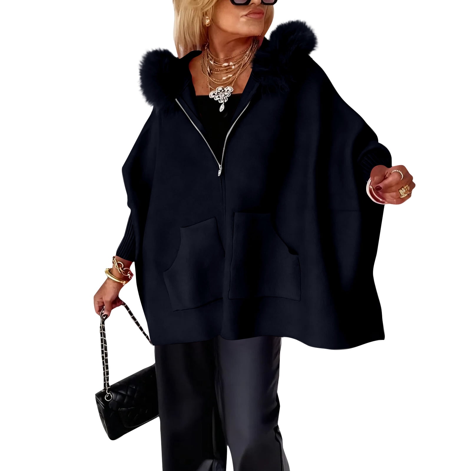 Women's Full Zip Up Hoodie Long Sleeve with Faux Fur Hooded Sweatshirts Front Pockets Jacket Loose Fit Coat for Women Black XL