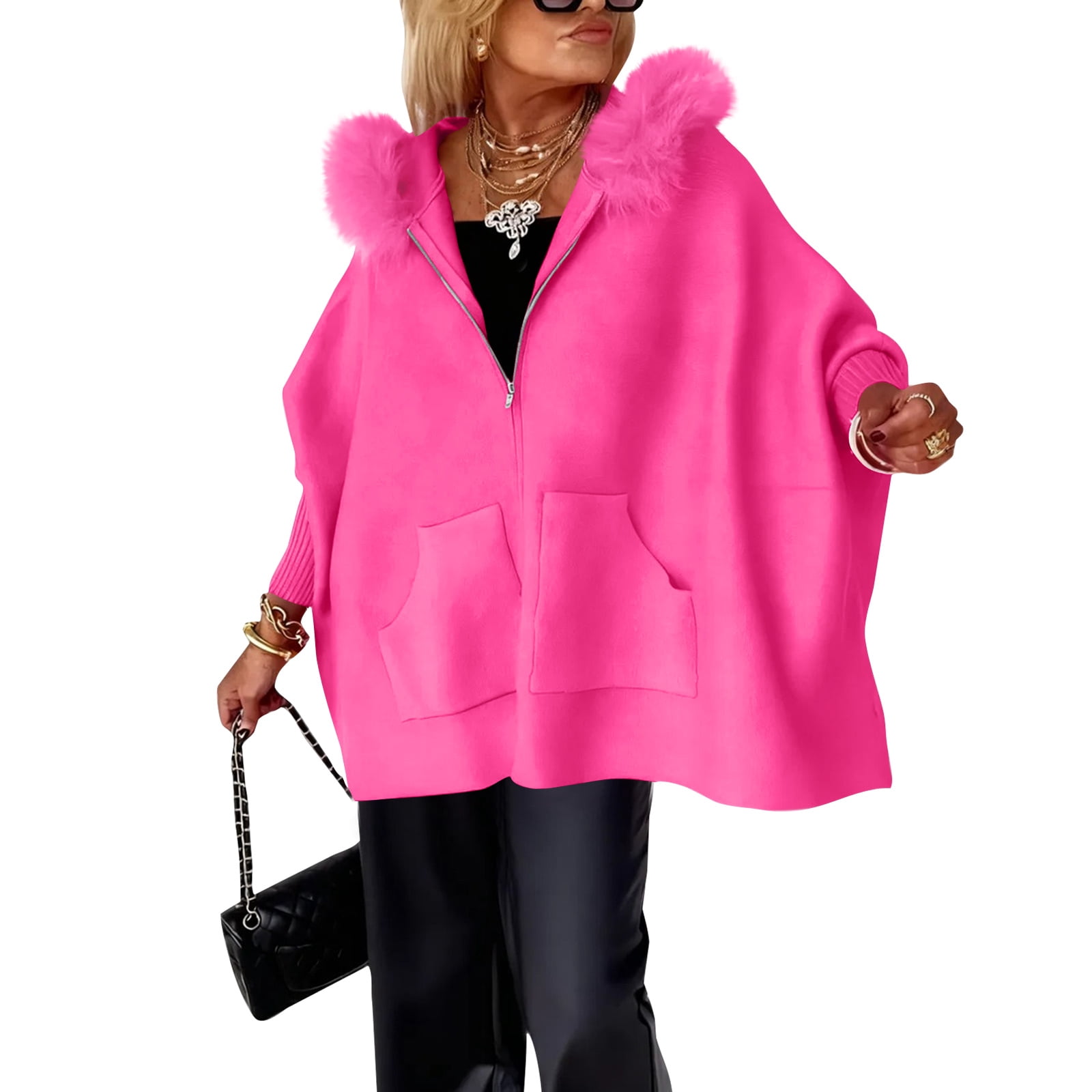 Women's Full Zip Up Hoodie Long Sleeve with Faux Fur Hooded Sweatshirts Front Pockets Jacket Loose Fit Coat for Women Hot Pink M