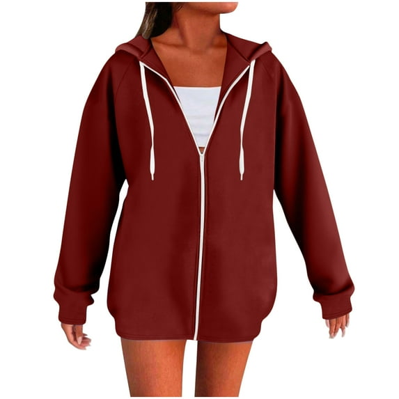 Women's Full Zip Up Hoodie Sweatshirt Long Sleeve Drawstring Shoulder Cuffs Casual Loose Coat With Side Pocket (M, Wine)