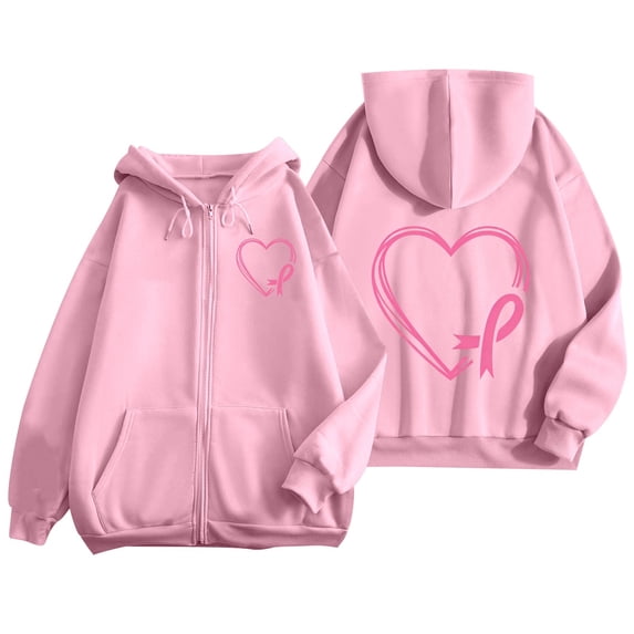 Women's Full Zip Up Hoodie with Pink Ribbon Print Breast Cancer Awareness Sweatshirt Jacket Casual Outerwear