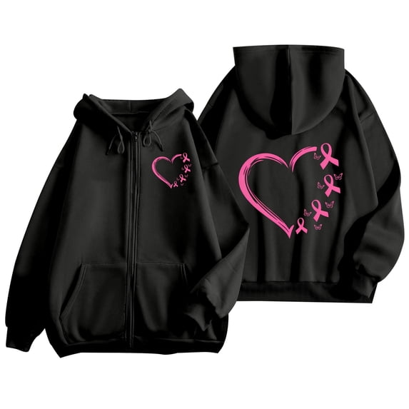 Women's Full Zip Up Hoodie with Pink Ribbon Print Breast Cancer Awareness Sweatshirt Jacket Casual Outerwear