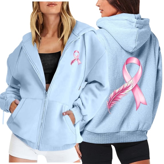Women's Full Zip Up Hoodie with Pink Ribbon Print Breast Cancer Awareness Sweatshirt Jacket Casual Outerwear