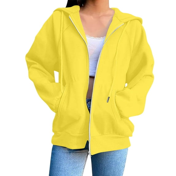 Women's Full Zip Up Hoodies Casual Long Sleeve Sweatshirts Solid Color Drawstring Jacket Coat For Women With Pockets (XL, Yellow)