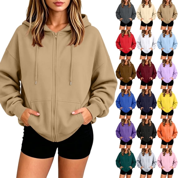 Women's Full Zip Up Hoodies Long Sleeve Hooded Sweatshirts Solid Color Jacket with Front Pocket