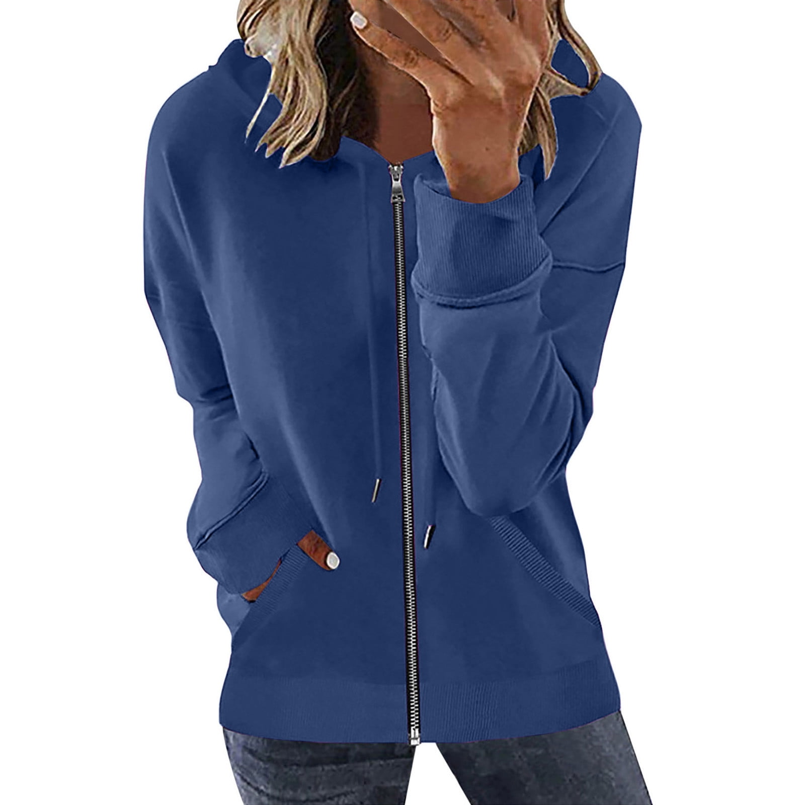 Women s Full Zip Up Hoodies Long Sleeve Zipper Open Front Loose Outerwear Printing Blouse Coat Tops Pockets Hooded with Pockets on Clearance