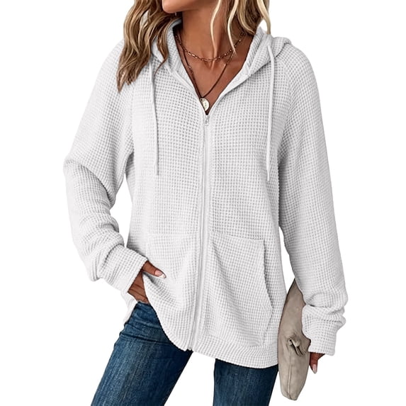Women's Full Zip Up Hoodies Waffle Knit Long Sleeve Sweatshirt Tops Coat, 2XL