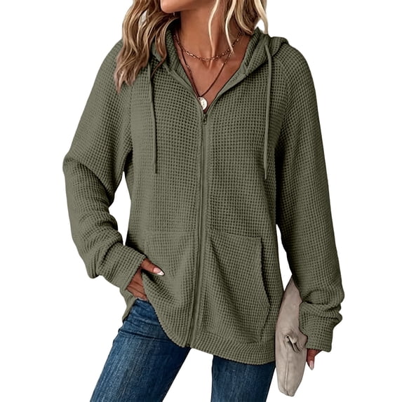 Women's Full Zip Up Hoodies Waffle Knit Long Sleeve Sweatshirt Tops Coat, S