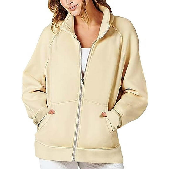 Women's Full Zip Up Jackets No Hood Long Sleeve Loose Fit Sweatshirts Solid Fashion Casual Cardigan Tops with Pockets