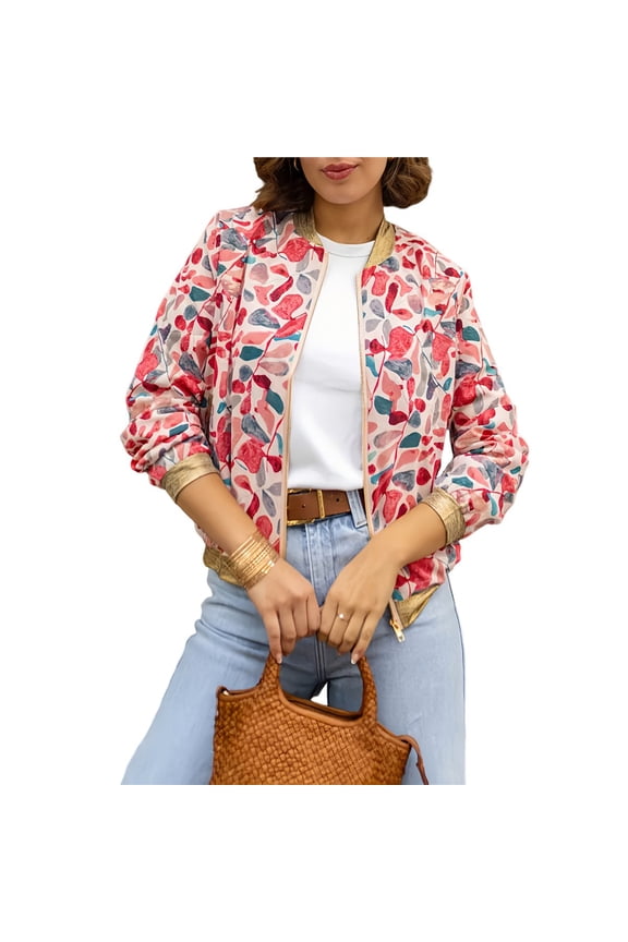 Women's Full Zip Up Linen Casual Jackets Loose Boho Jacket Long Sleeve Tree Leaf Outerwear Mixed Color 2 XL