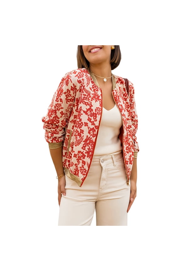 Women's Full Zip Up Linen Casual Jackets Loose Boho Jacket Long Sleeve Tree Leaf Outerwear Mixed Color