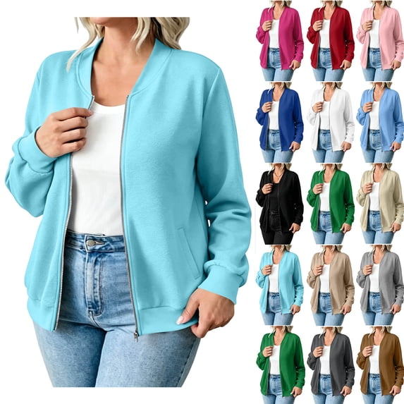 Women's Full Zip Up Sweatshirt Jacket Long Sleeve Solid Color Casual Cardigan with Pockets Fall Winter Lightweight Outerwear