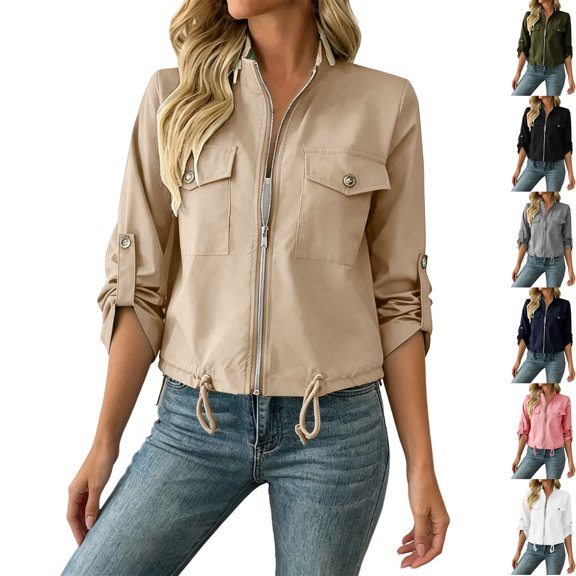 Women's Full Zip Utility Bomber Jacket Lightweight Stand Collar Windbreaker, Chest Pocket Drawstring Hem Casual Fall Fashion Daily Wear, Khaki, S