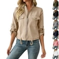 thumbnail image 1 of Women's Full Zip Utility Bomber Jacket Lightweight Stand Collar Windbreaker, Chest Pocket Drawstring Hem Casual Fall Fashion Daily Wear, Khaki, XL, 1 of 10