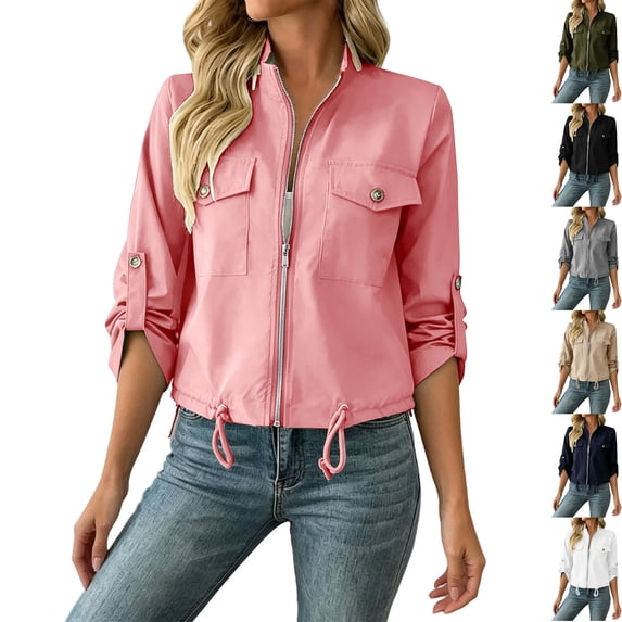 Women's Full Zip Utility Bomber Jacket Lightweight Stand Collar Windbreaker, Chest Pocket Drawstring Hem Casual Fall Fashion Daily Wear, Pink, M