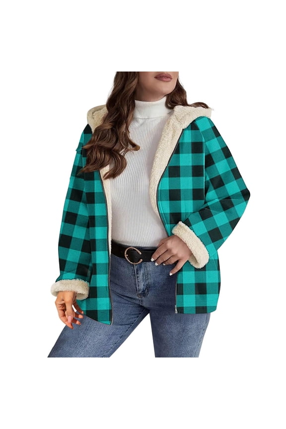 Women's Full Zip Wool Flannel Plaid Long Sleeve Autumn and Winter Warm Jacket